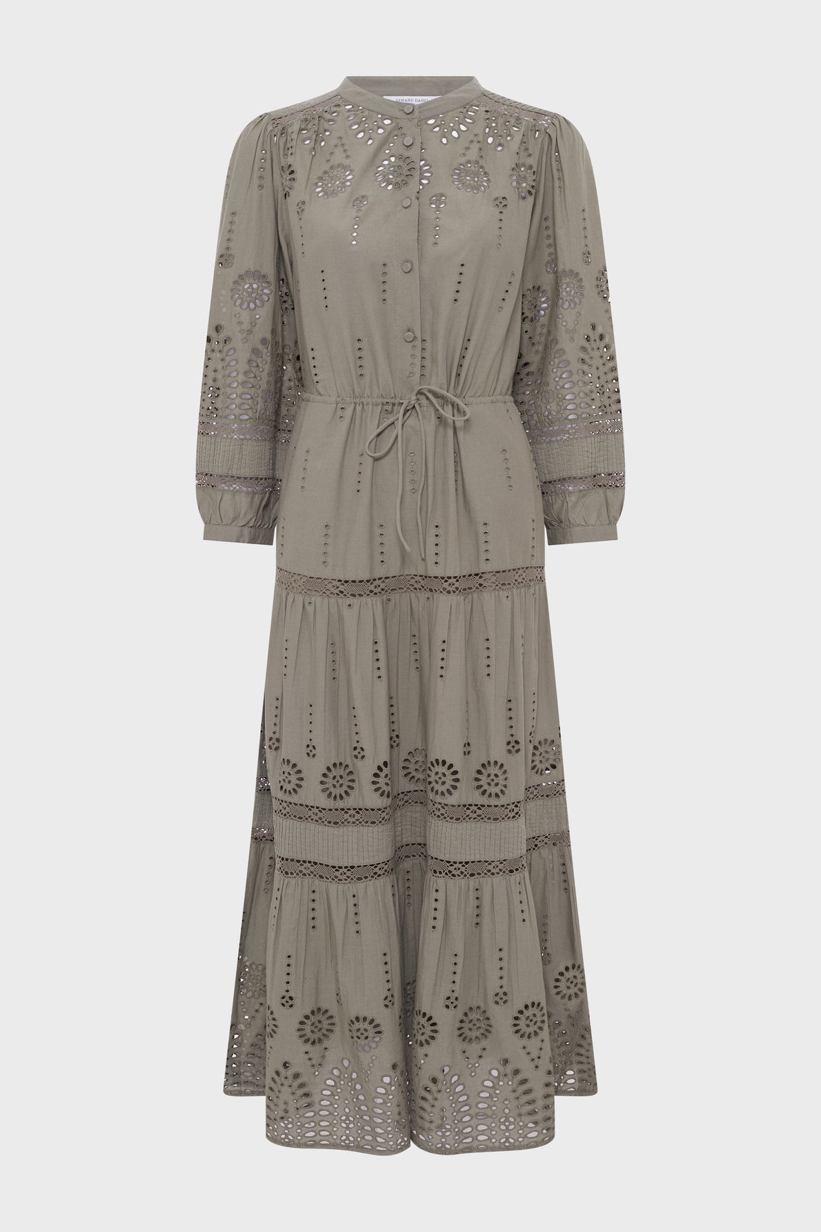 Long-sleeve, olive green midi dress crafted from soft coton kaki, featuring a belted waist, button front, and intricate broderies ajourées on the bodice, sleeves, and skirt. The robe longue boasts a tiered design and a high neckline for an elegant finish.