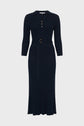 Navy blue, long-sleeve, maille côtelée dress featuring a V-neckline with a subtle col polo detail, three gold buttons, a matching fabric belt with a gold buckle, and an elegant midi length.
