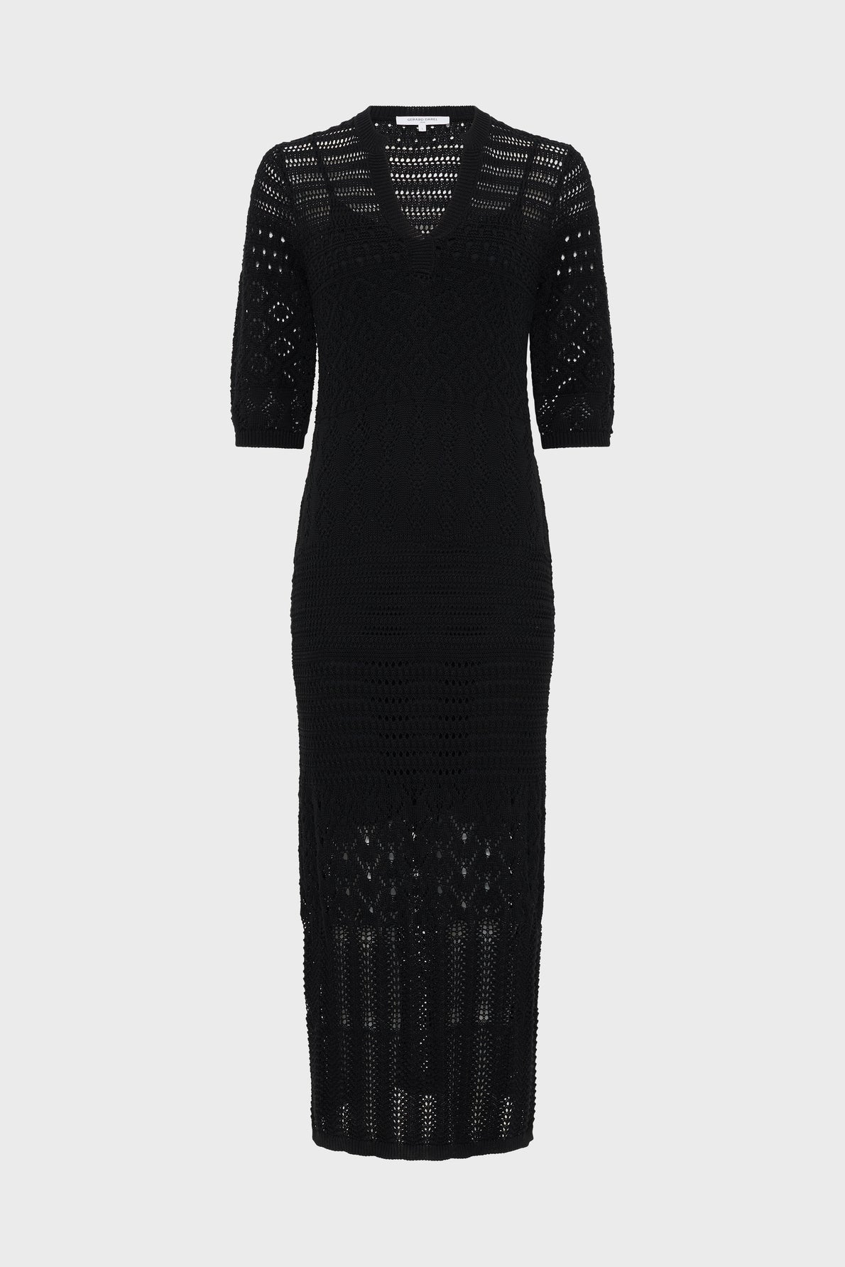 Black crochet knit midi dress with elbow-length sleeves, a V-neckline, and a form-fitting silhouette, displayed against a plain light gray background.