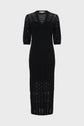 Black crochet knit midi dress with elbow-length sleeves, a V-neckline, and a form-fitting silhouette, displayed against a plain light gray background.