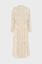 Long-sleeved cream robe longue midi with a subtle floral pattern and delicate fleurs brodées, featuring a button-down front, fitted waist, and tiered skirt in true style bohème, displayed on a plain white background.