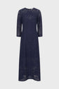 Navy blue lace midi dress with three-quarter sleeves, floral patterns, and a fitted bodice. This robe élégante features a round neckline, A-line silhouette, and intricate detailing throughout.