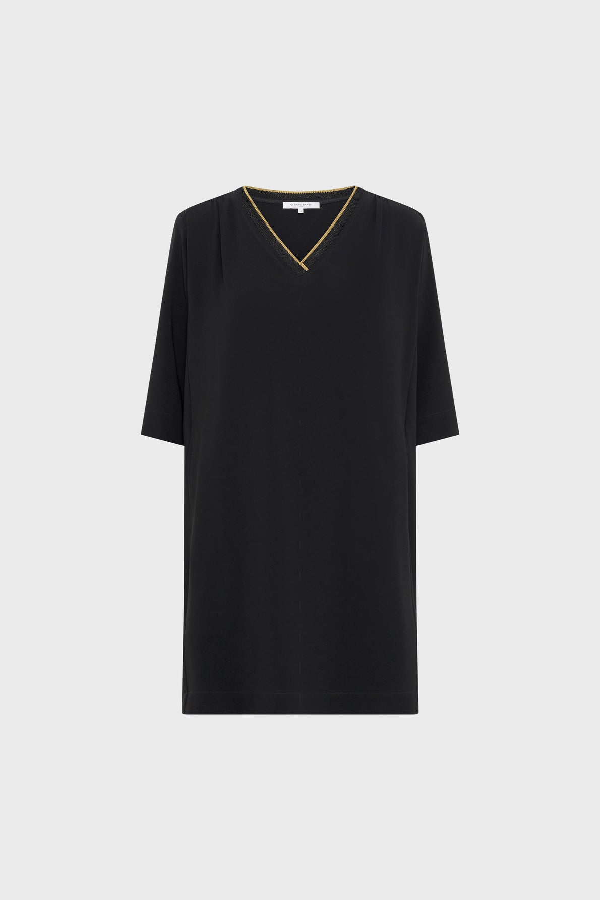 A plain black short-sleeve V-neck T-shirt with a gold trim along the neckline, displayed against a light gray background.