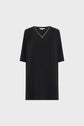 A plain black short-sleeve V-neck T-shirt with a gold trim along the neckline, displayed against a light gray background.