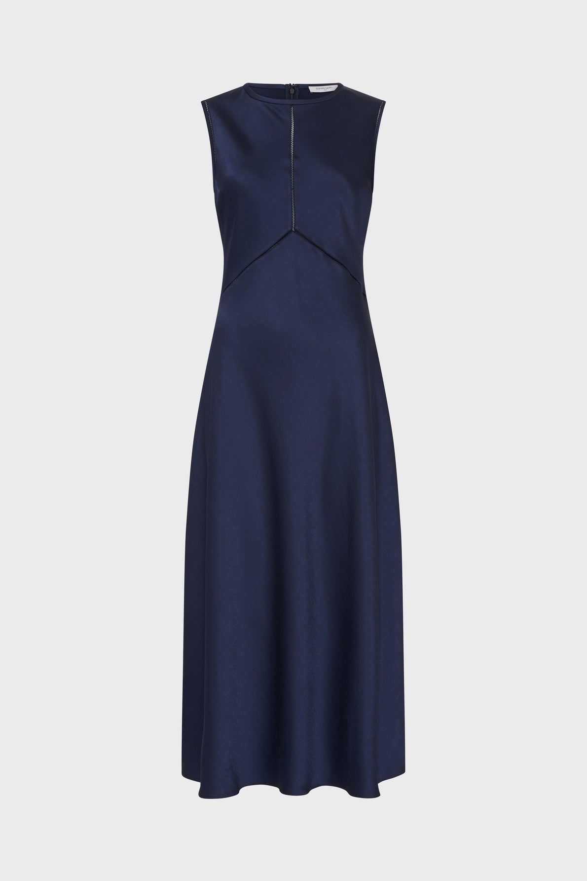 Sleeveless, navy blue, satin midi dress with a subtle sheen, fitted bodice, seam detail under the bust, and a straight neckline. The dress appears to have a minimalist, elegant design.