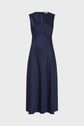 Sleeveless, navy blue, satin midi dress with a subtle sheen, fitted bodice, seam detail under the bust, and a straight neckline. The dress appears to have a minimalist, elegant design.