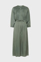 Sage green, long-sleeve, midi-length robe longue with buttons on the chest, lace detail on the upper bodice, elasticated cuffs, and a matching fabric belt at the waist.