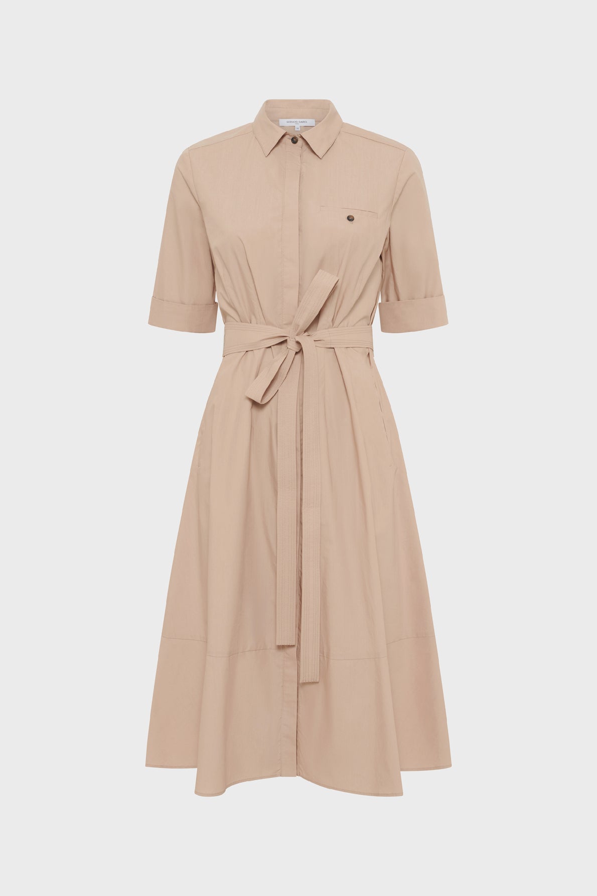 Beige short-sleeve shirt dress with a button-up front, pointed collar, single chest pocket, and a matching fabric belt tied at the waist. The skirt is knee-length and gently flared.