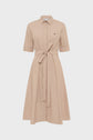 Beige short-sleeve shirt dress with a button-up front, pointed collar, single chest pocket, and a matching fabric belt tied at the waist. The skirt is knee-length and gently flared.