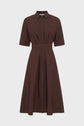Brown, collared, short-sleeved shirt dress with a fitted waist, matching fabric belt, chest pocket, and flared midi-length skirt, displayed on a plain white background.