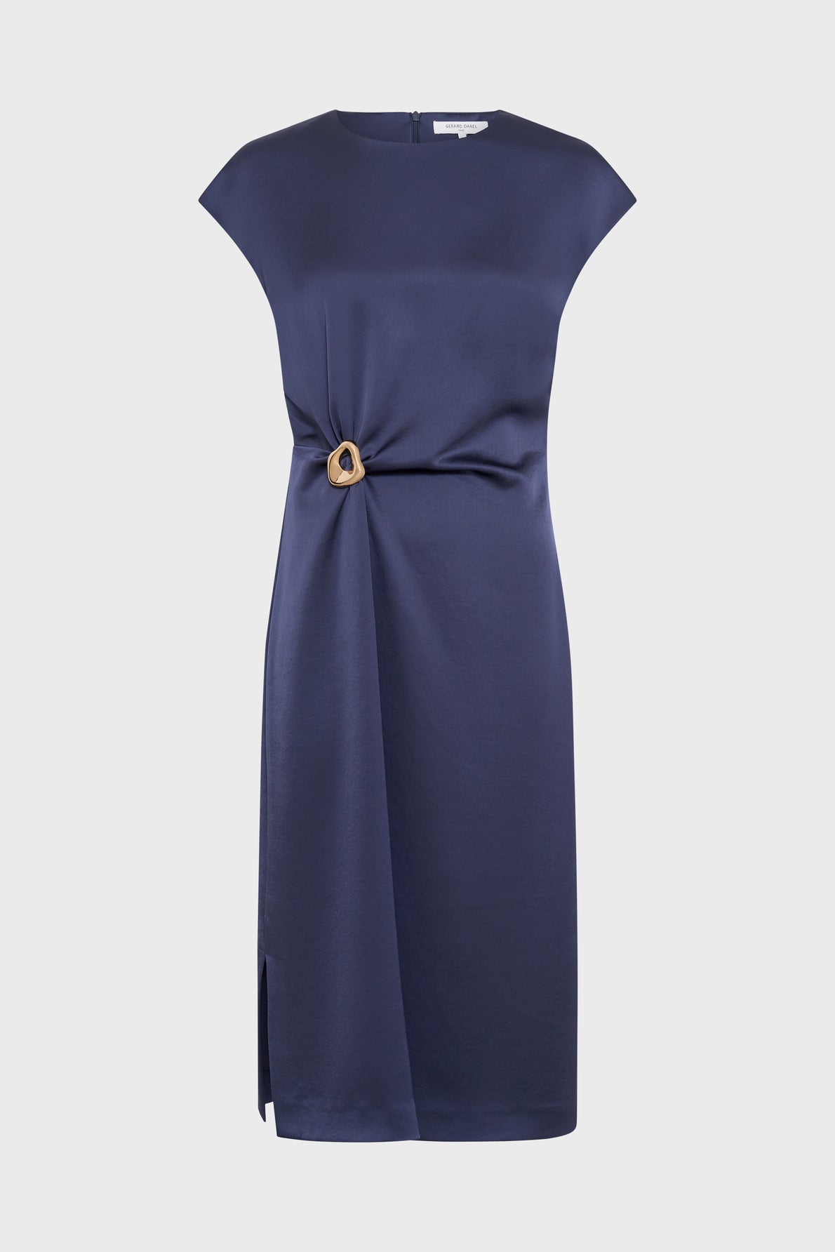 Sleeveless navy blue knee-length dress with a high neckline, side slit, and a gathered waist detail featuring a gold buckle accent. This elegant robe bleu marine is displayed on a plain white background.