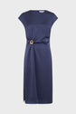 Sleeveless navy blue knee-length dress with a high neckline, side slit, and a gathered waist detail featuring a gold buckle accent. This elegant robe bleu marine is displayed on a plain white background.