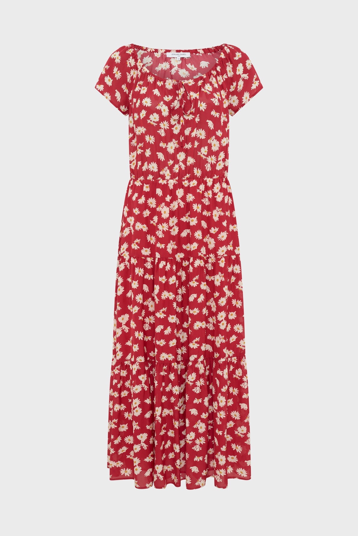 Red short-sleeve midi dress with a white floral pattern, fitted waist, and a flowing skirt, displayed on a plain white background.