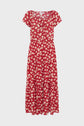 Red short-sleeve midi dress with a white floral pattern, fitted waist, and a flowing skirt, displayed on a plain white background.