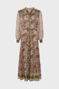 Long-sleeved, button-down midi dress with a mix of paisley and floral patterns in earthy tones of brown, green, and pink. The dress has a tie waist and a relaxed, flowing silhouette.