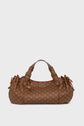 A brown checkered designer sac à main with gold hardware, double handles, side drawstrings, and a hanging logo charm, displayed against a plain white background—a timeless piece of maroquinerie Darel elegance.