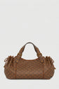 Brown designer sac à main with a checkered pattern, two rounded handles, gold hardware, and drawstring details on both sides, displayed against a plain light background—a timeless piece of maroquinerie Darel.