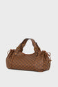 Brown designer sac à main with a checkered pattern, double handles, side drawstrings, and gold-tone buckle accents, placed against a plain light background—a refined piece from the maroquinerie Darel collection.