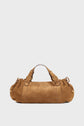 A brown, cylindrical sac à main with short handles and side buckles, made of textured cuir velours tressé, displayed on a plain white background.