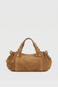 A brown suede sac à main with dual handles and gold-tone hardware, displayed against a plain white background. The bag has a rounded shape, side details, and showcases elegant cuir velours tressé accents.