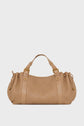 A tan sac à main tressé in luxurious cuir d’agneau features dual handles, gold hardware, and adjustable side drawstrings, set against a plain white background—perfect for elevating your style 24H.