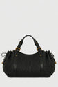 A black sac à main tressé in woven leather, crafted with savoir-faire artisanal, featuring short handles, gold hardware, and drawstring sides, displayed on a plain light gray background.