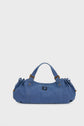 A stylish blue denim sac à main with double handles, gold-tone hardware, and a small black logo on the front, set against a plain white background.