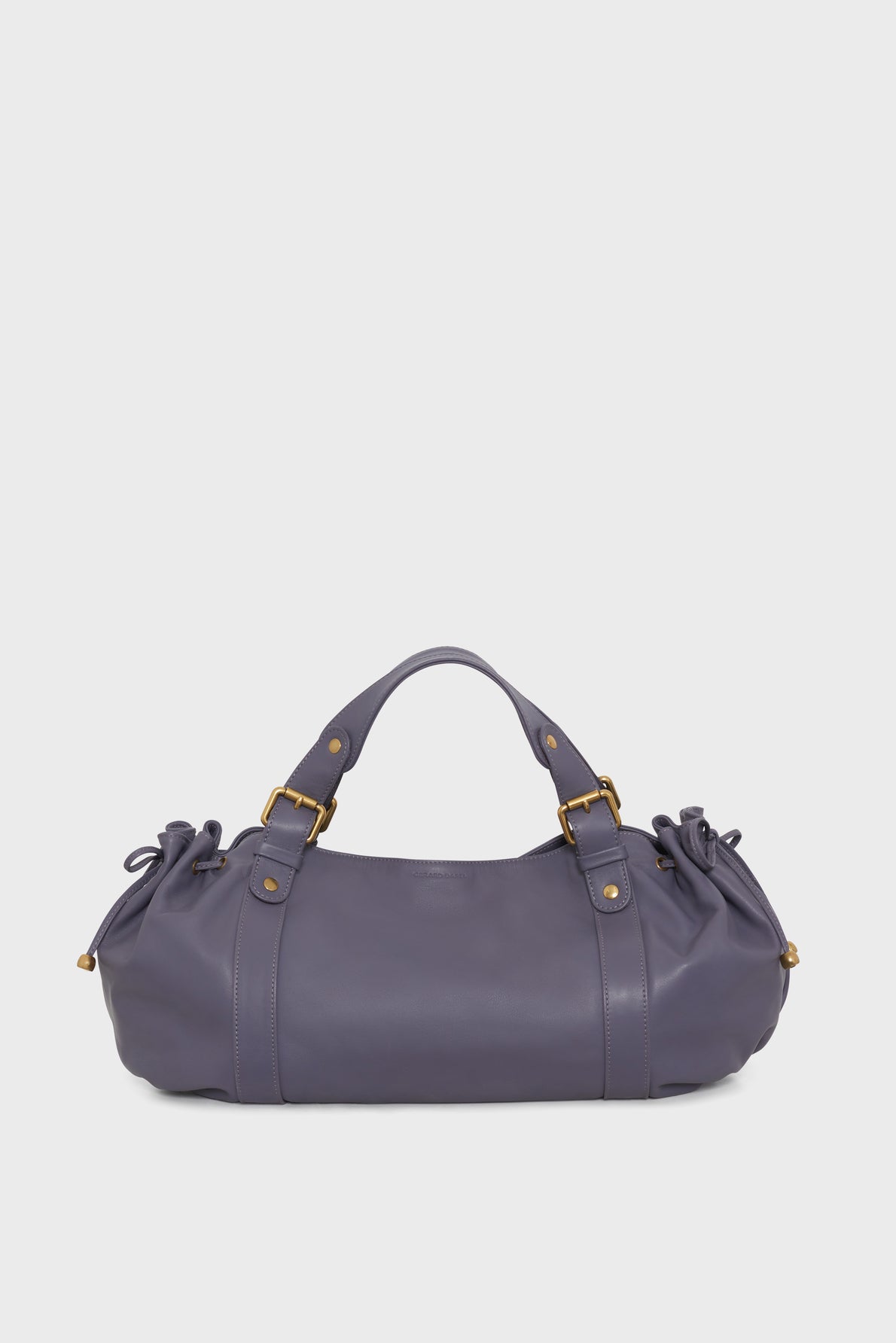 A purple leather sac à main cuir with gold hardware, two handles, and gathered side details, reminiscent of the elegant style of Vanessa Bruno’s iconic sacs 24H, displayed against a plain white background.