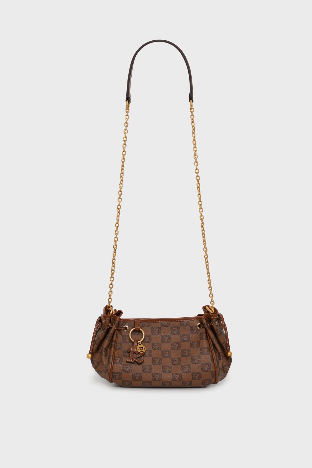 Brown checkered sac 24H mini handbag with gold hardware, chain strap, and decorative gold charms hanging from one handle; crafted in toile enduite monogrammée and set against a plain white background.