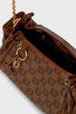 Brown designer sac bandoulière with a drawstring top, gold chain strap, and gold hardware, featuring an all-over geometric logo pattern in toile enduite monogrammée and black interior lining.