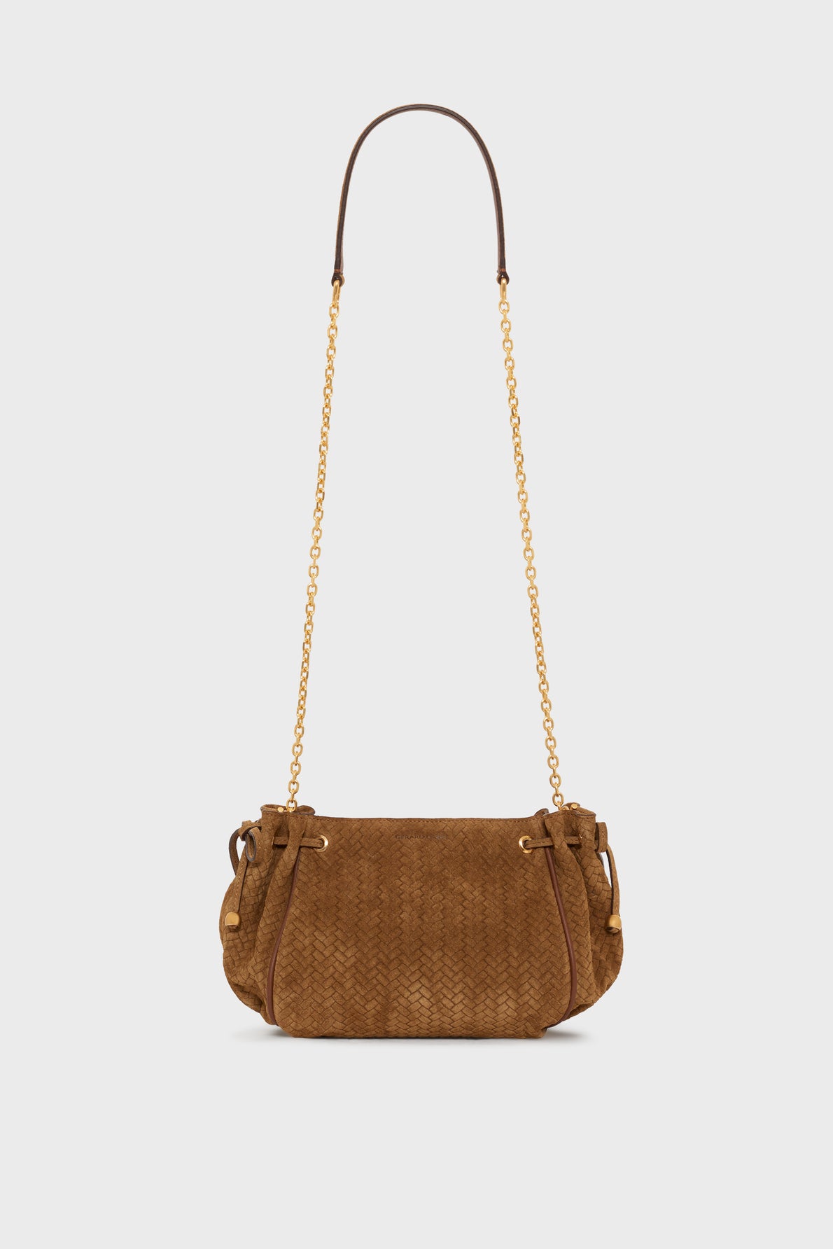 Brown woven sac bandoulière with a gold chain strap and cuir velours section at the top, set against a plain white background.
