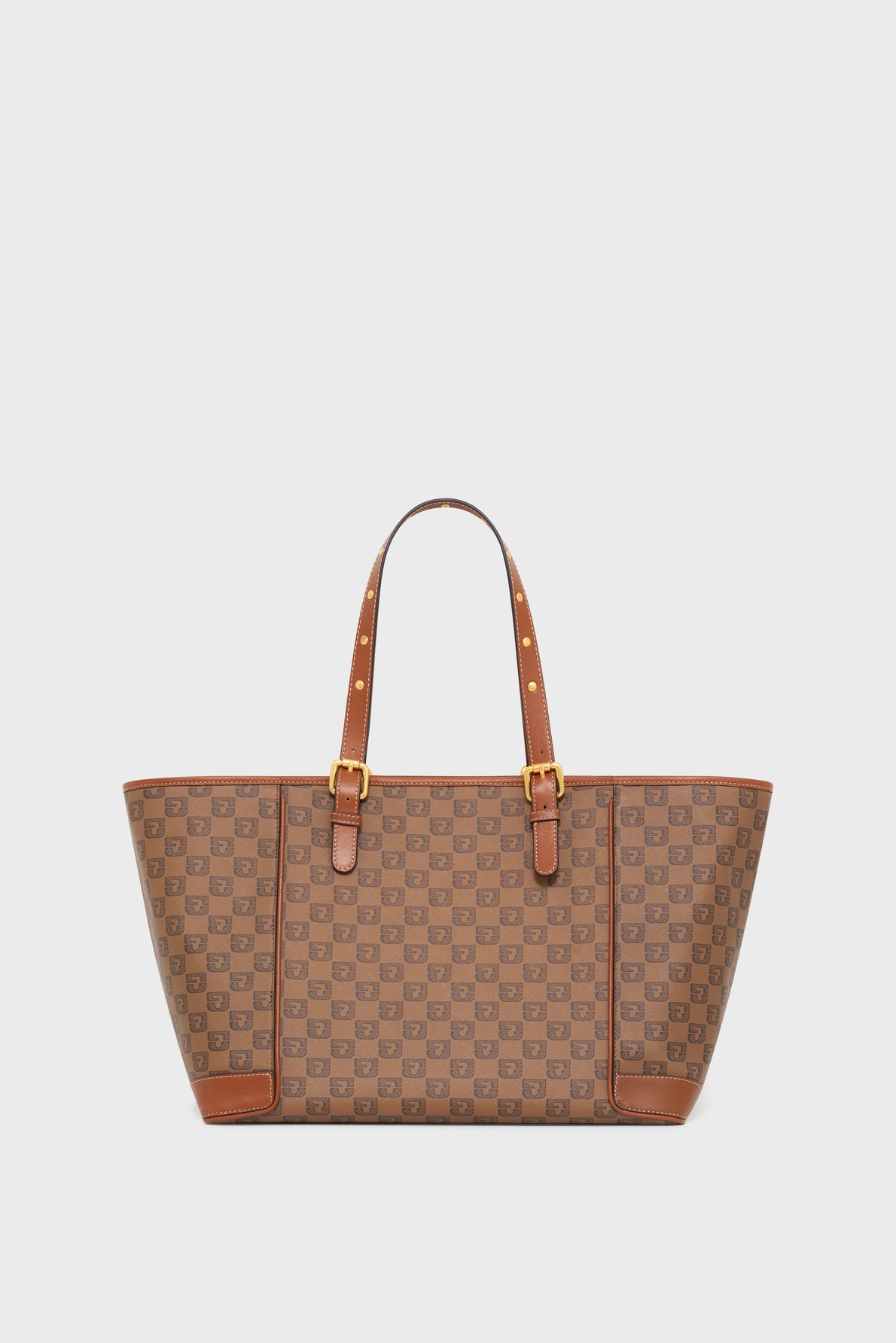 Brown checkered cabas with two poignées en cuir featuring gold-tone buckles and accents, displayed against a plain white background.