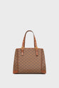 A brown leather cabas tote bag with two top handles, gold buckle accents, and a repeating square logo pattern. The bag features poignées en cuir, reinforced corners, and a structured shape against a plain background.