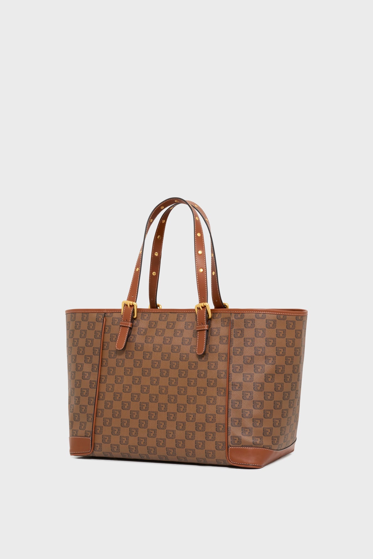 Brown checkered cabas with gold buckles, poignées en cuir, and corner accents, set against a plain white background. This stylish sac en toile enduite blends elegance and practicality for everyday use.
