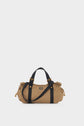 A tan GD Canvas handbag with black straps, gold hardware, and decorative drawstring details on both sides, displayed against a plain white background.