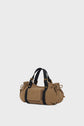 Tan toile bicolor sac à main in a classic duffel style, featuring black handles, gold hardware, a small front pocket, and drawstring details on the sides—crafted in premium GD Canvas and displayed against a plain white background.