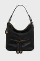A black cuir de mouton sac hobo handbag with a curved top handle, gold zippers, front zip pocket, and two leather tassel pull tabs with gold metal accents, displayed on a plain light background.