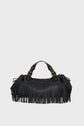 A black cuir de vachette noir leather sac à main frangé with fringe details hanging from the sides and base, two short handles, and gold buckle accents, displayed against a plain light background.