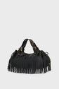 A black cuir de vachette noir sac à main frangé with long fringe detailing, gold buckle accents, and double handles, displayed against a plain white background.