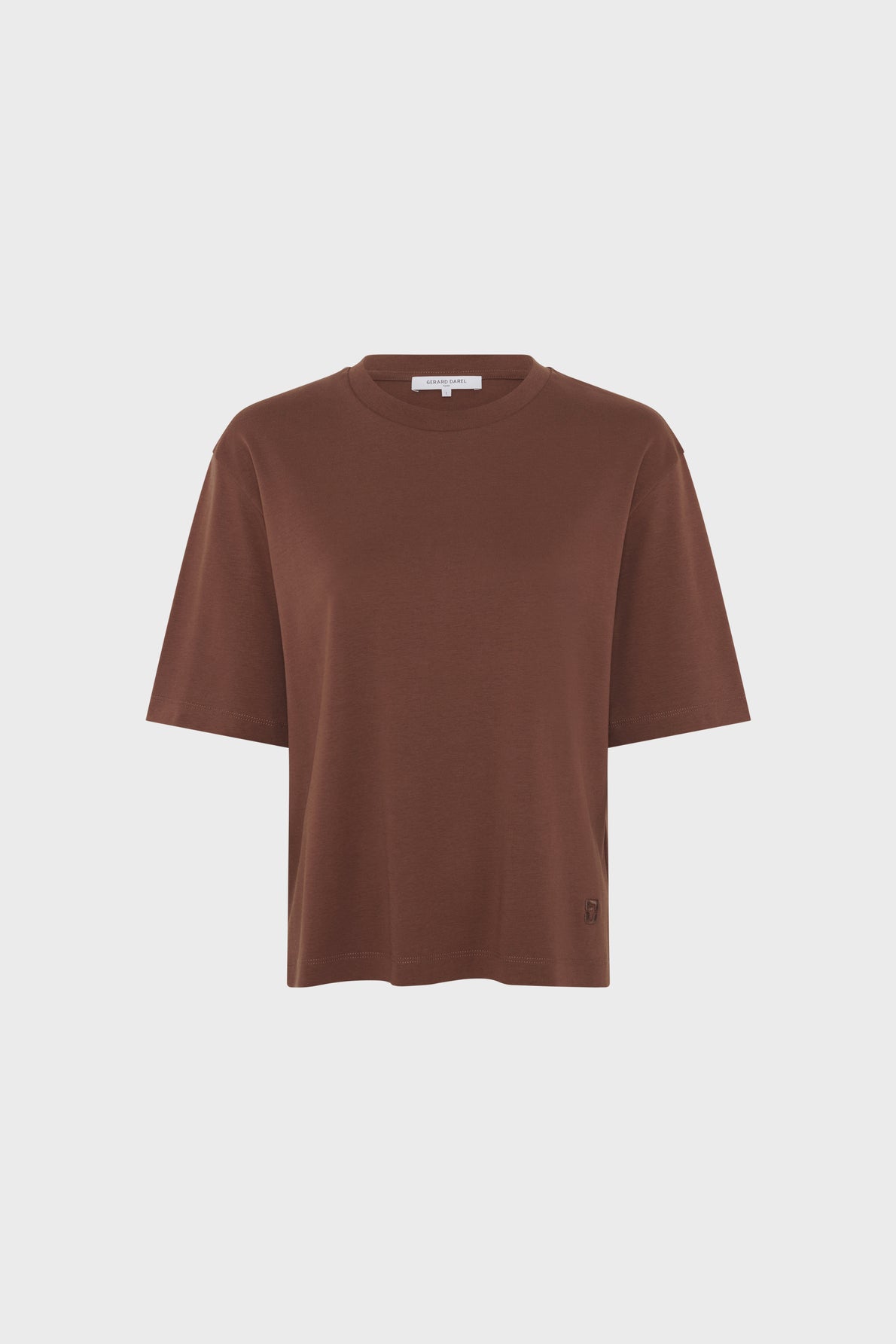 A plain brown short-sleeve t-shirt with a crew neckline is displayed against a white background.