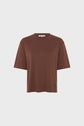 A plain brown short-sleeve t-shirt with a crew neckline is displayed against a white background.