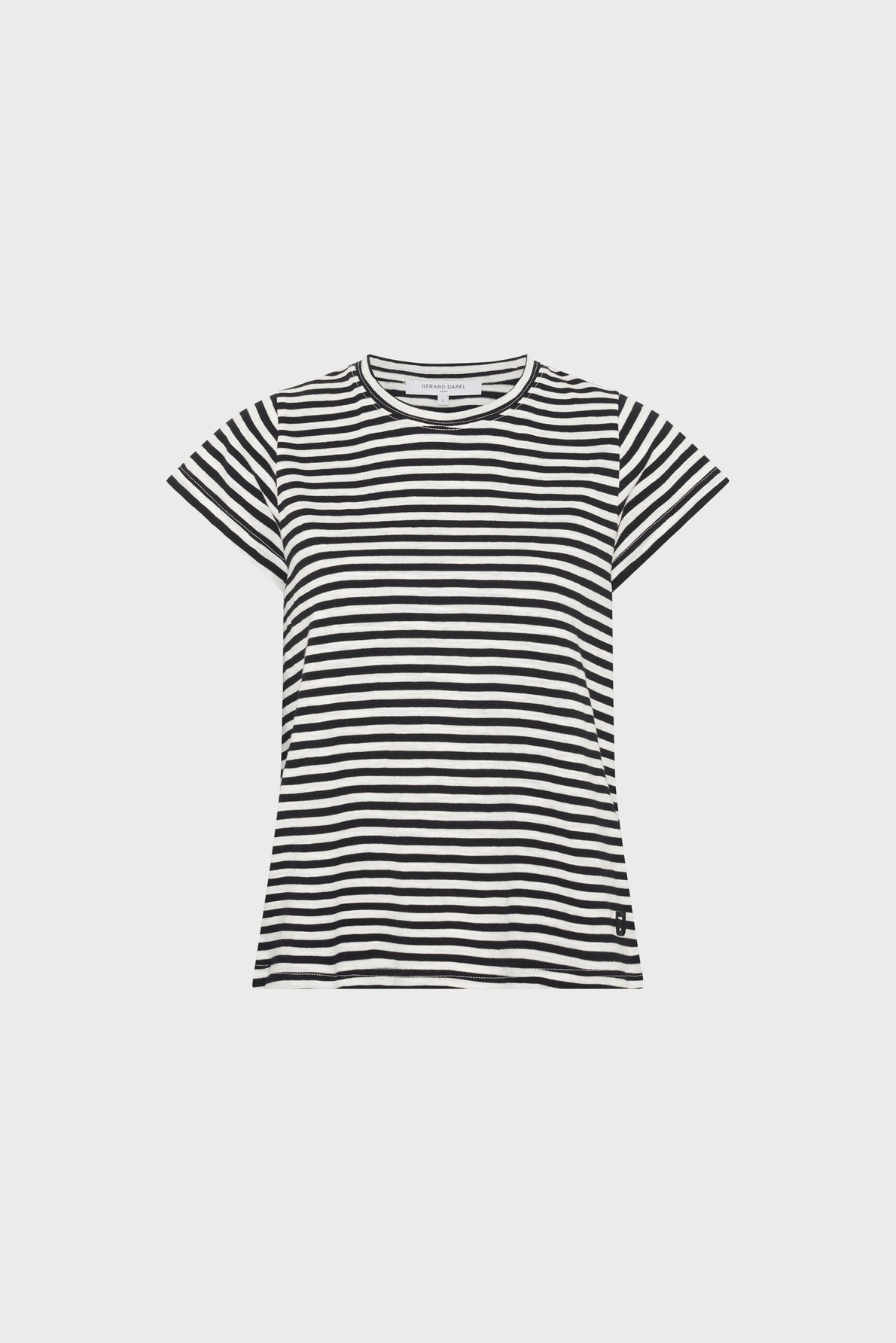 Black and white horizontal striped tee-shirt Mayane displayed on a plain light gray background. The shirt features rayures noires et blanches, a classic crew neckline, manches courtes papillon, and a relaxed fit.