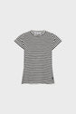 Black and white horizontal striped tee-shirt Mayane displayed on a plain light gray background. The shirt features rayures noires et blanches, a classic crew neckline, manches courtes papillon, and a relaxed fit.