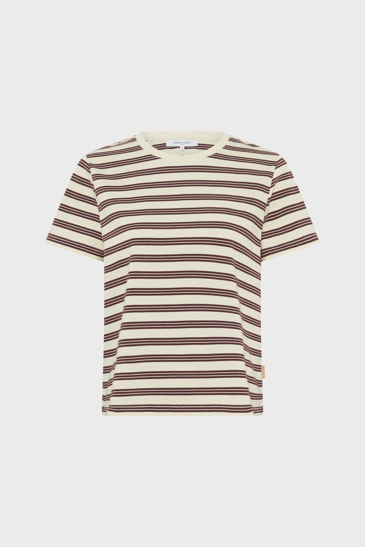 A short-sleeved t-shirt with horizontal maroon and beige stripes, displayed against a plain white background.