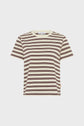 A short-sleeved t-shirt with horizontal maroon and beige stripes, displayed against a plain white background.