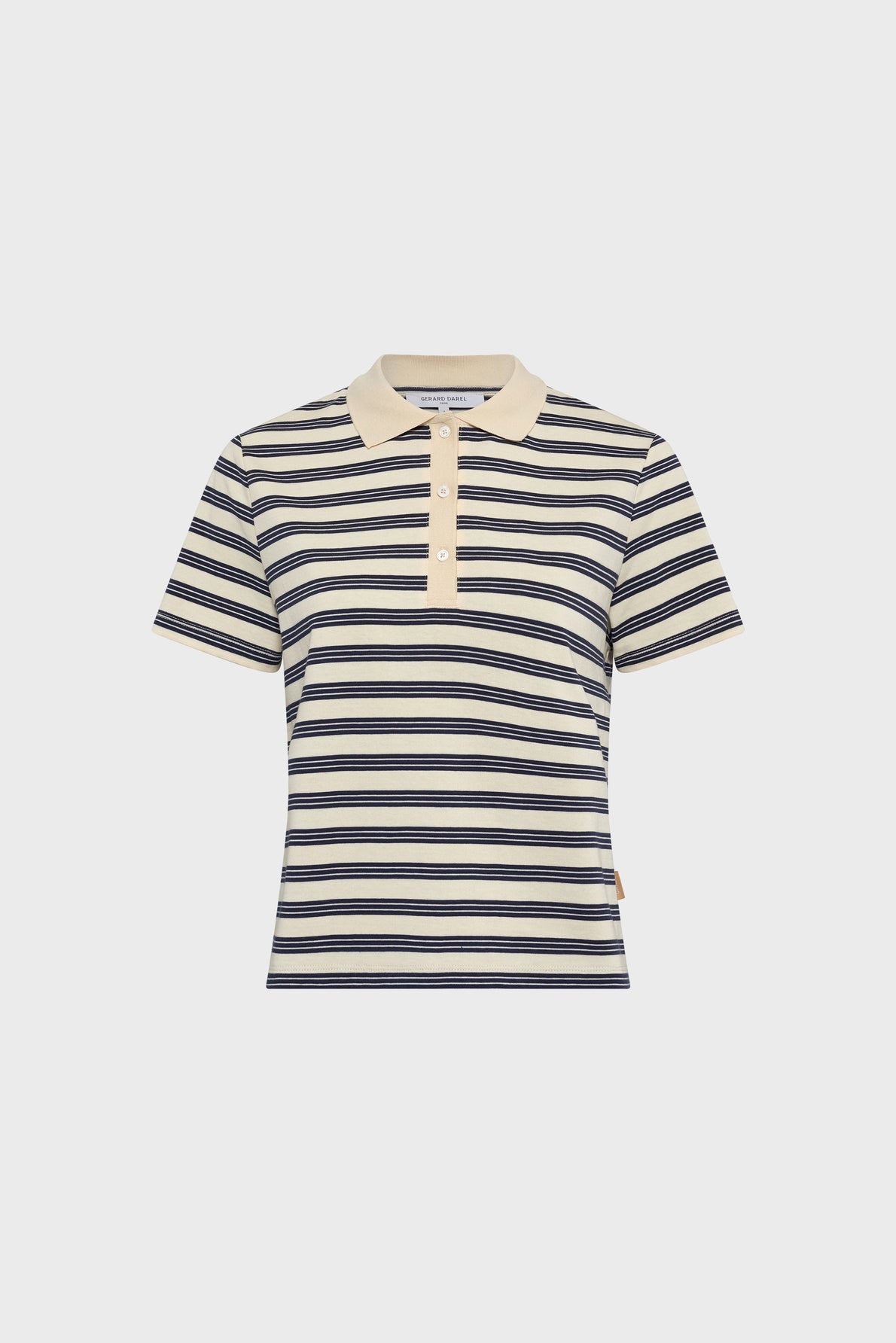 A short-sleeve, collared polo shirt with horizontal navy blue and cream stripes and a button placket, displayed on a plain white background.