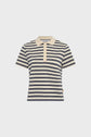 A short-sleeve, collared polo shirt with horizontal navy blue and cream stripes and a button placket, displayed on a plain white background.