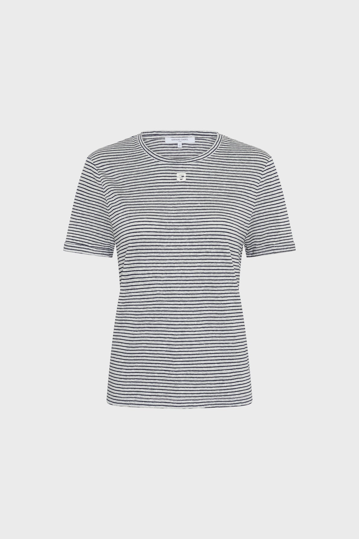 A short-sleeved, black and white striped t-shirt is displayed on a plain white background. The shirt has a round neckline and a slim fit.