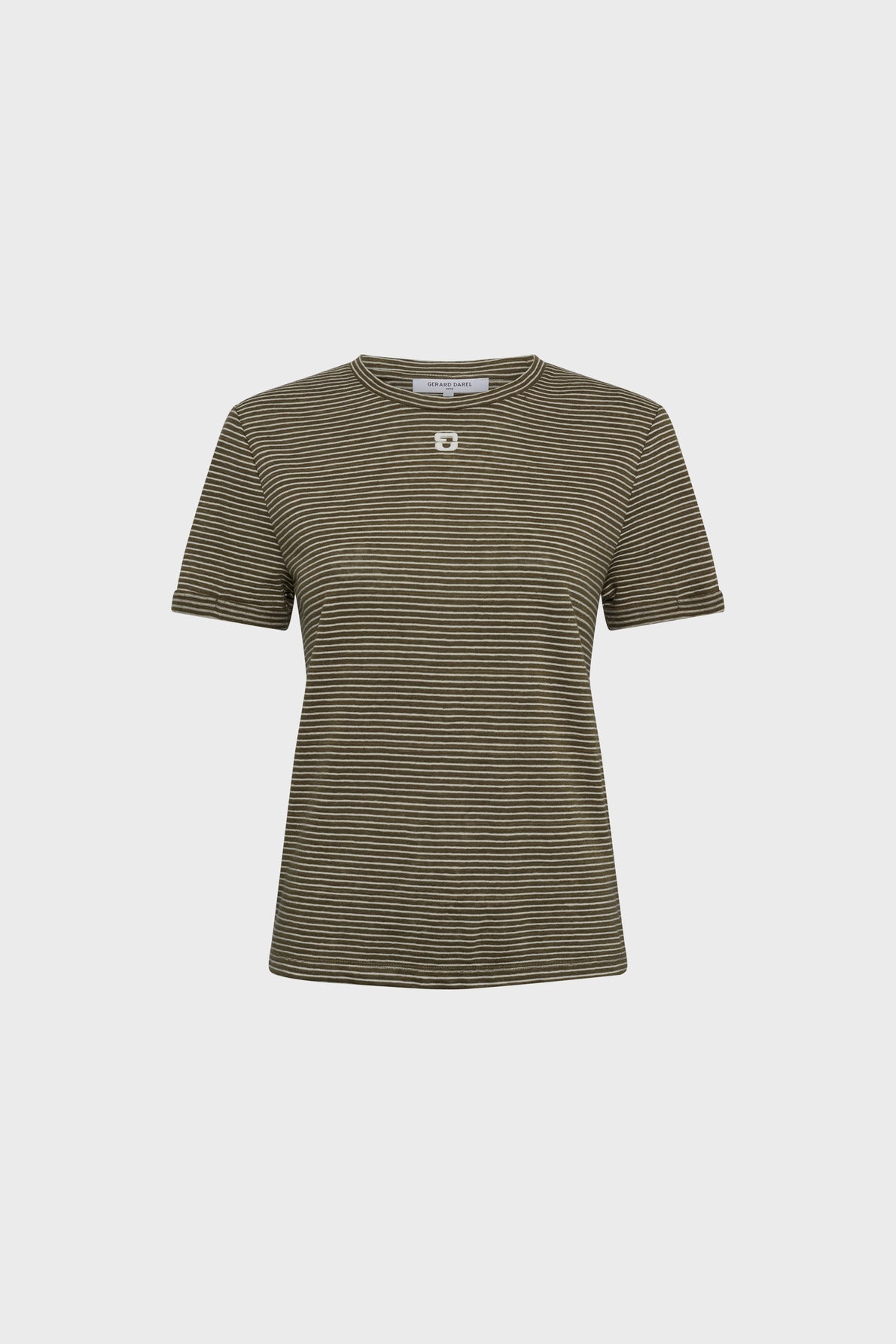 A short-sleeve, olive-green and black striped tee-shirt Melva featuring rayures écrues and a classic crew neckline, crafted from a soft blend of lin et coton, shown on a plain white background.