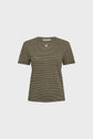 A short-sleeve, olive-green and black striped tee-shirt Melva featuring rayures écrues and a classic crew neckline, crafted from a soft blend of lin et coton, shown on a plain white background.
